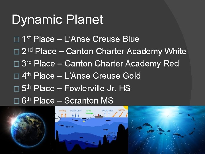 Dynamic Planet � 1 st Place – L’Anse Creuse Blue � 2 nd Place