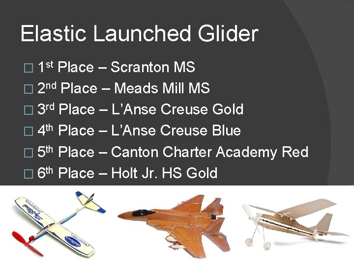 Elastic Launched Glider � 1 st Place – Scranton MS � 2 nd Place