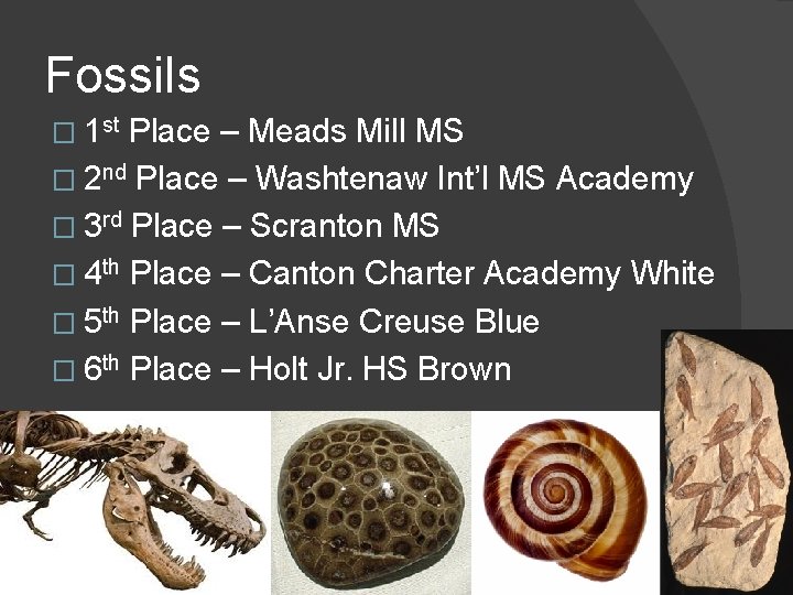 Fossils � 1 st Place – Meads Mill MS � 2 nd Place –