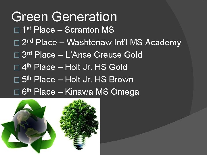 Green Generation � 1 st Place – Scranton MS � 2 nd Place –