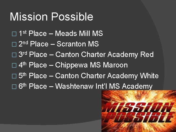 Mission Possible � 1 st Place – Meads Mill MS � 2 nd Place