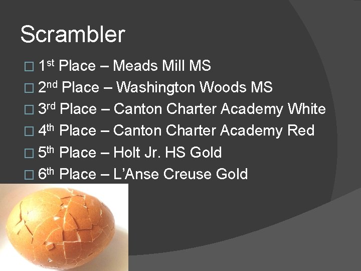Scrambler � 1 st Place – Meads Mill MS � 2 nd Place –