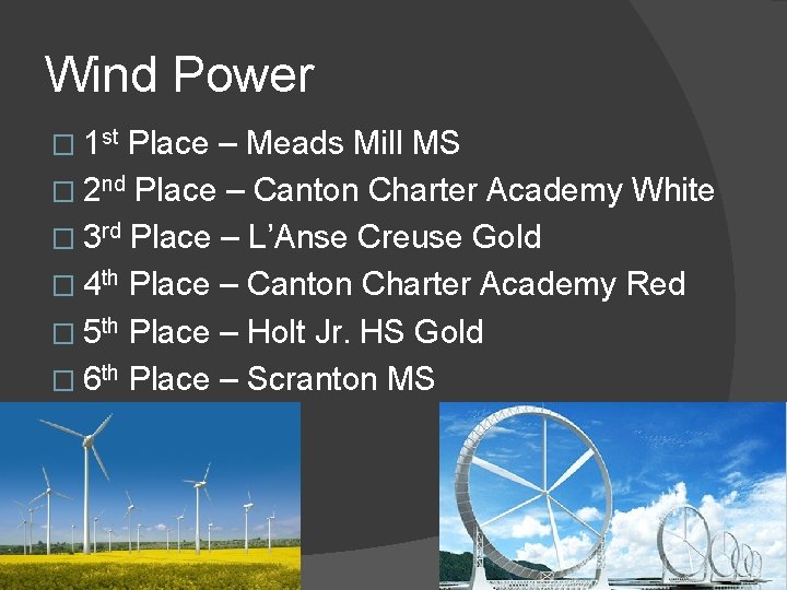 Wind Power � 1 st Place – Meads Mill MS � 2 nd Place