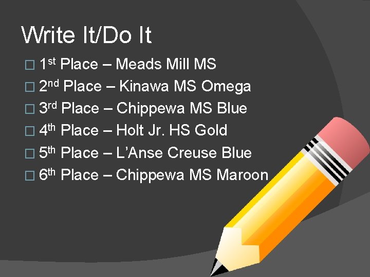 Write It/Do It � 1 st Place – Meads Mill MS � 2 nd