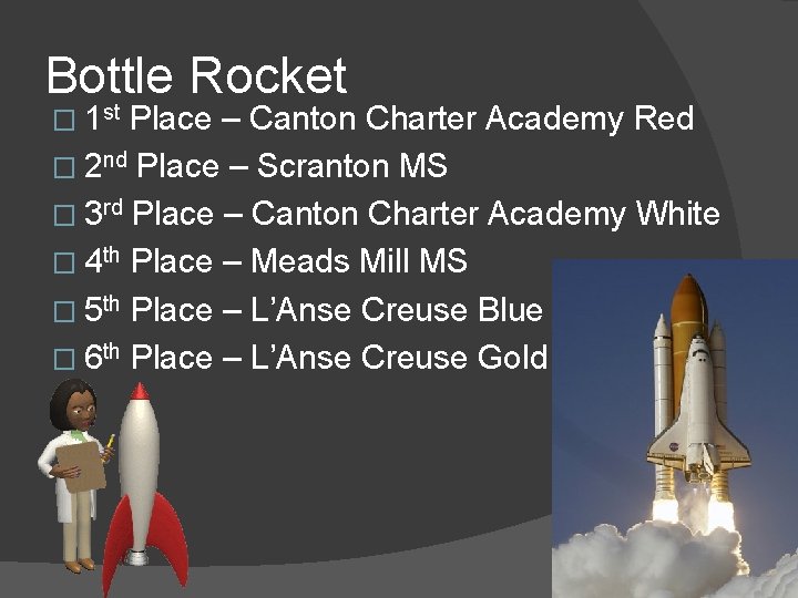 Bottle Rocket � 1 st Place – Canton Charter Academy Red � 2 nd