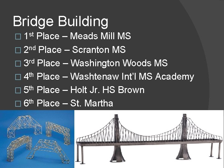 Bridge Building � 1 st Place – Meads Mill MS � 2 nd Place