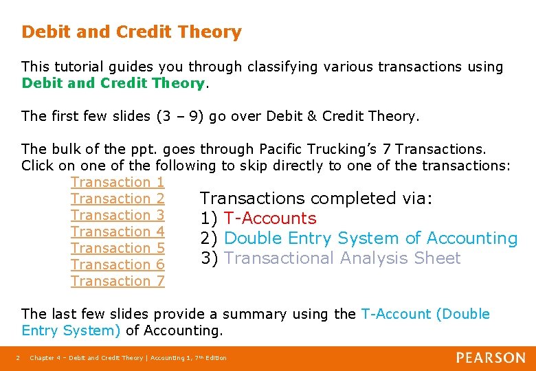 Debit and Credit Theory This tutorial guides you through classifying various transactions using Debit