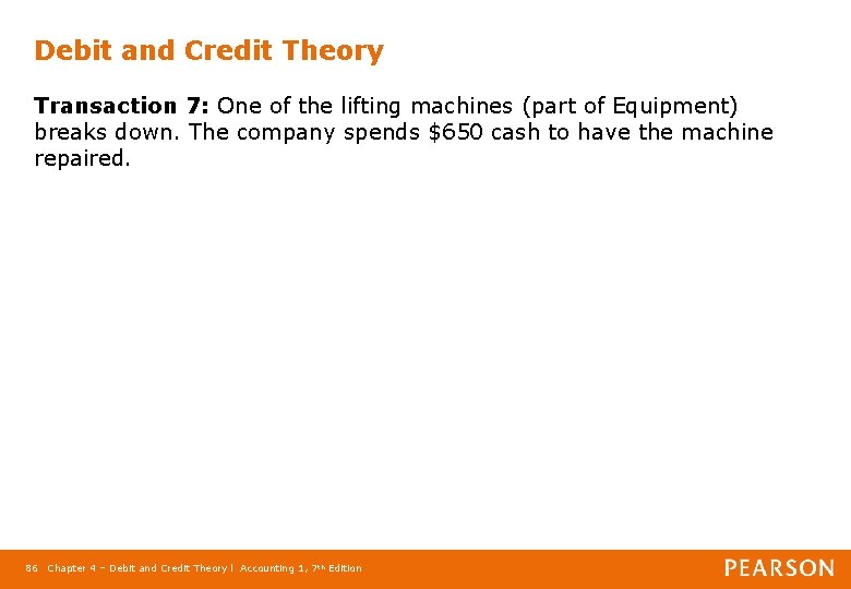 Debit and Credit Theory Transaction 7: One of the lifting machines (part of Equipment)