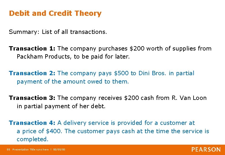 Debit and Credit Theory Summary: List of all transactions. Transaction 1: The company purchases