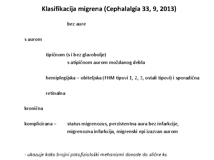 Klasifikacija migrena (Cephalalgia 33, 9, 2013) bez aure s aurom tipičnom (s i bez