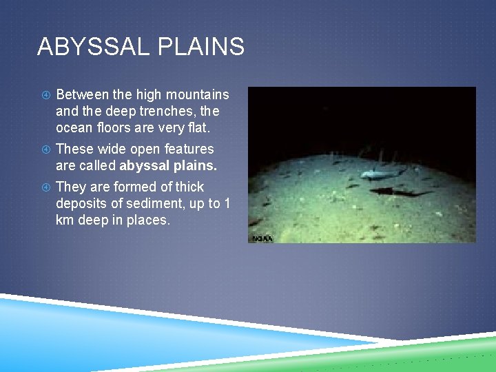 ABYSSAL PLAINS Between the high mountains and the deep trenches, the ocean floors are