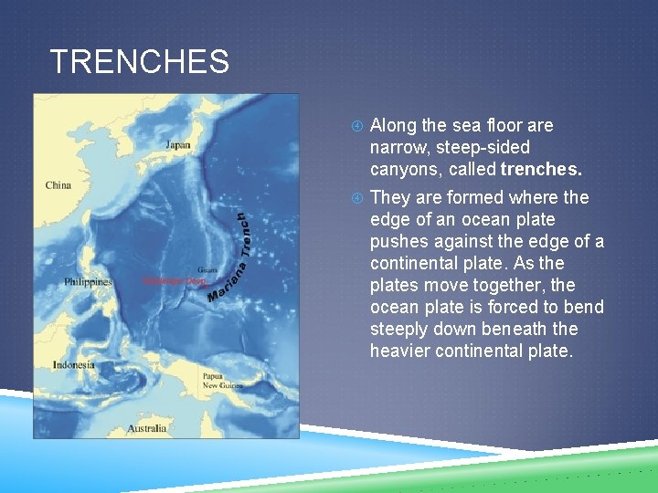 TRENCHES Along the sea floor are narrow, steep-sided canyons, called trenches. They are formed