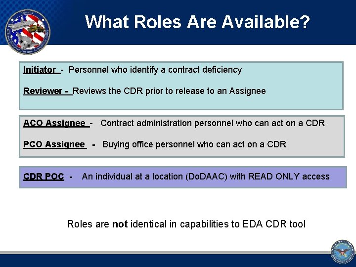What Roles Are Available? Initiator - Personnel who identify a contract deficiency Reviewer -