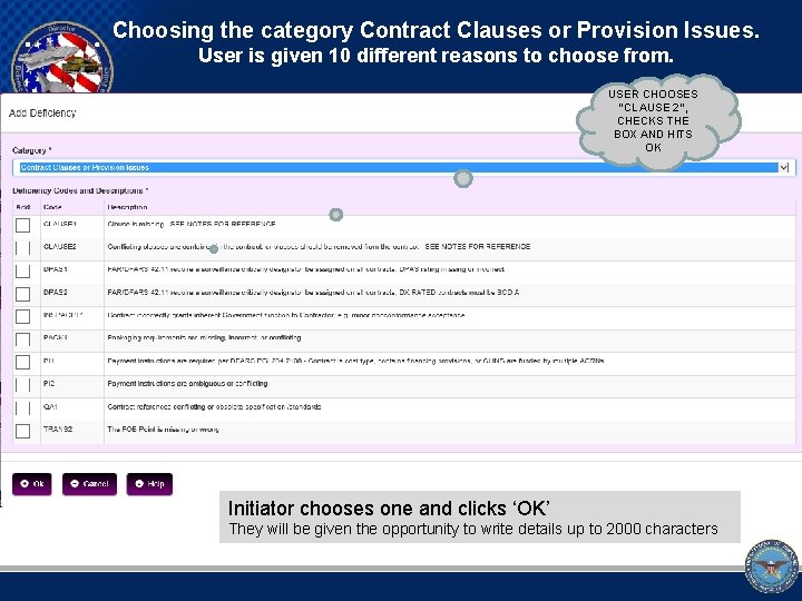 Choosing the category Contract Clauses or Provision Issues. User is given 10 different reasons