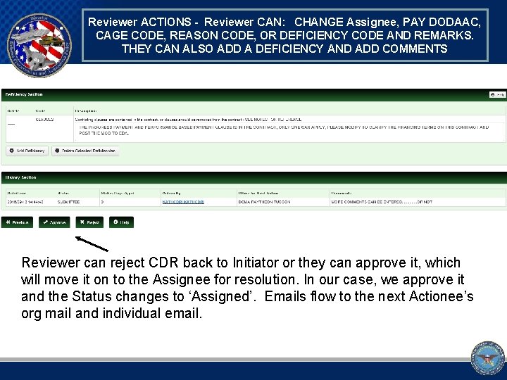 Reviewer ACTIONS - Reviewer CAN: CHANGE Assignee, PAY DODAAC, CAGE CODE, REASON CODE, OR