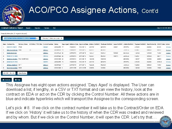 ACO/PCO Assignee Actions, Cont’d This Assignee has eight open actions assigned. ‘Days Aged’ is