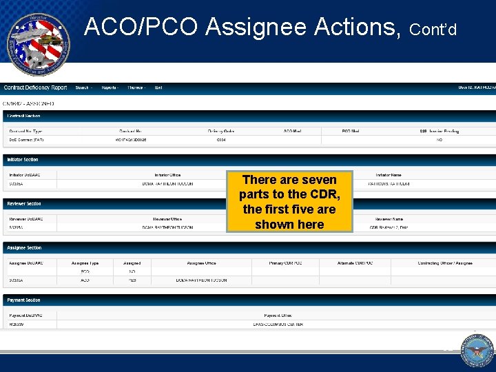 ACO/PCO Assignee Actions, Cont’d There are seven parts to the CDR, the first five