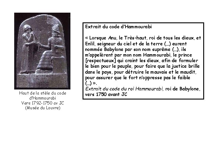 Extrait du code d’Hammourabi Haut de la stèle du code d’Hammourabi Vers 1792 -1750