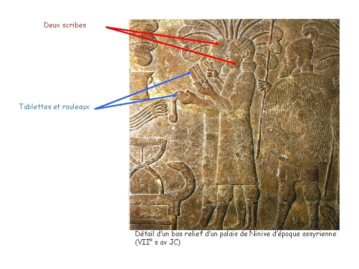 Deux scribes Tablettes et rouleaux Détail d’un bas relief d’un palais de Ninive d’époque