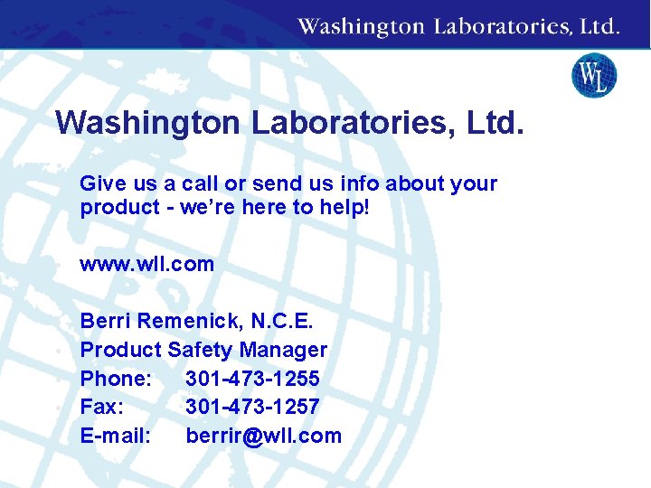 Washington Laboratories, Ltd. • Give us a call or send us info about your