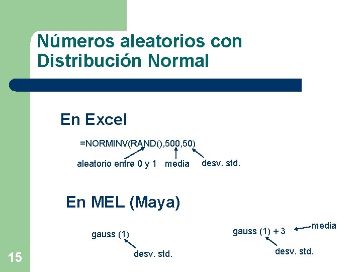 Números aleatorios con Distribución Normal En Excel =NORMINV(RAND(), 500, 50) aleatorio entre 0 y