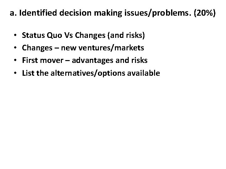 a. Identified decision making issues/problems. (20%) • • Status Quo Vs Changes (and risks)