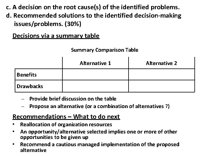 c. A decision on the root cause(s) of the identified problems. d. Recommended solutions