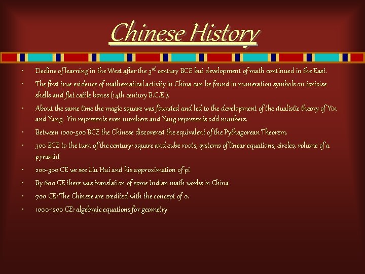 Chinese History • • • Decline of learning in the West after the 3