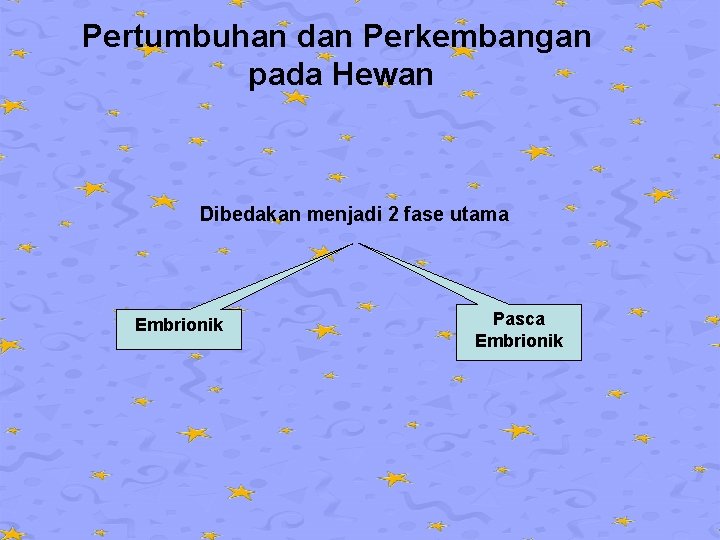 Pertumbuhan dan Perkembangan pada Hewan Dibedakan menjadi 2 fase utama Embrionik Pasca Embrionik 