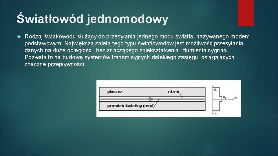 Światłowód jednomodowy Rodzaj światłowodu służący do przesyłania jednego modu światła, nazywanego modem podstawowym. Największą