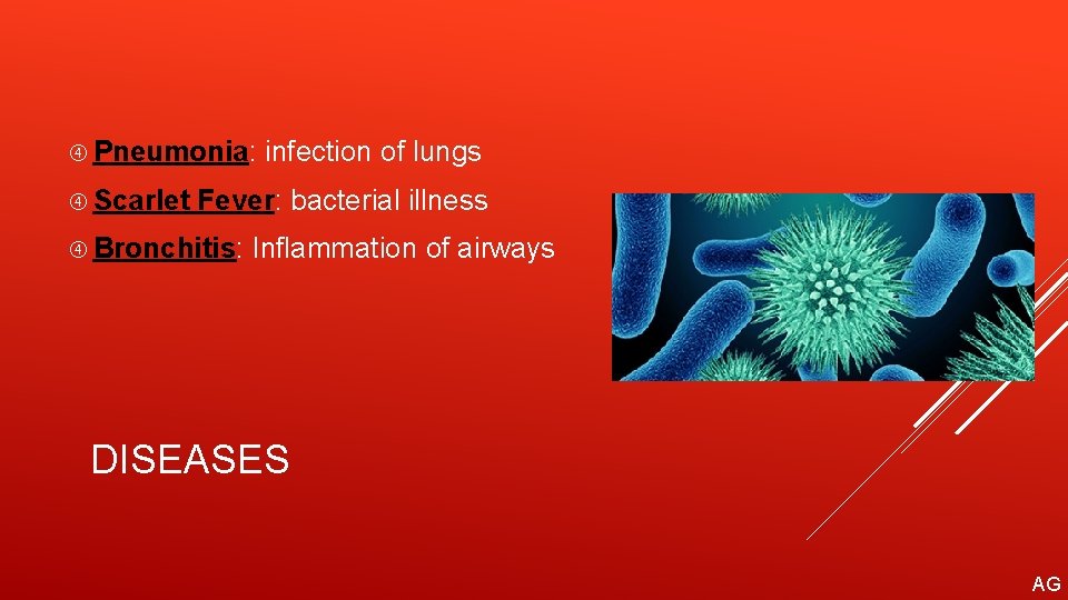  Pneumonia: infection of lungs Scarlet Fever: bacterial illness Bronchitis: Inflammation of airways DISEASES