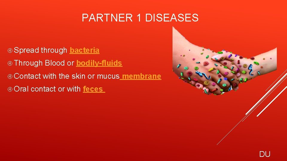 PARTNER 1 DISEASES Spread through bacteria Through Blood or bodily-fluids Contact with the skin