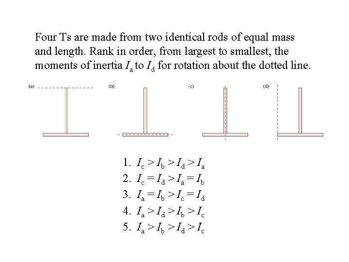 Four Ts are made from two identical rods of equal mass and length. Rank