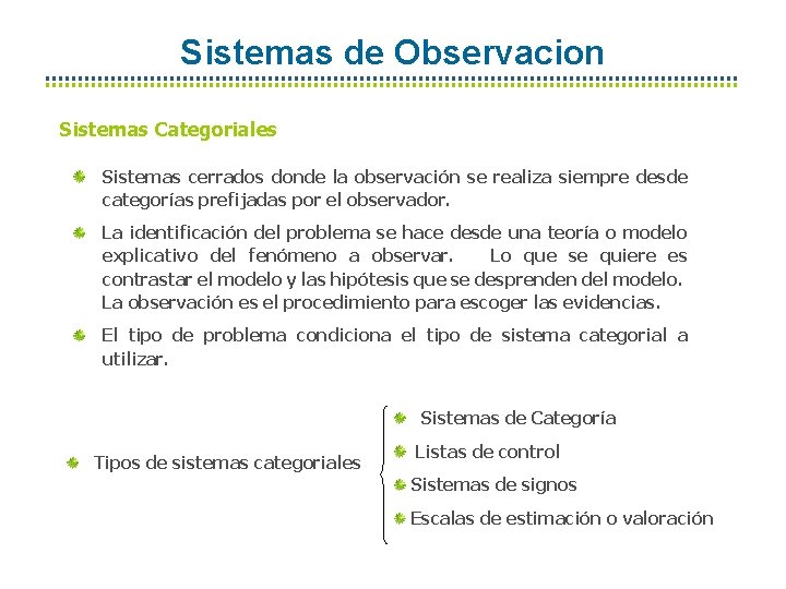 Sistemas de Observacion Sistemas Categoriales Sistemas cerrados donde la observación se realiza siempre desde