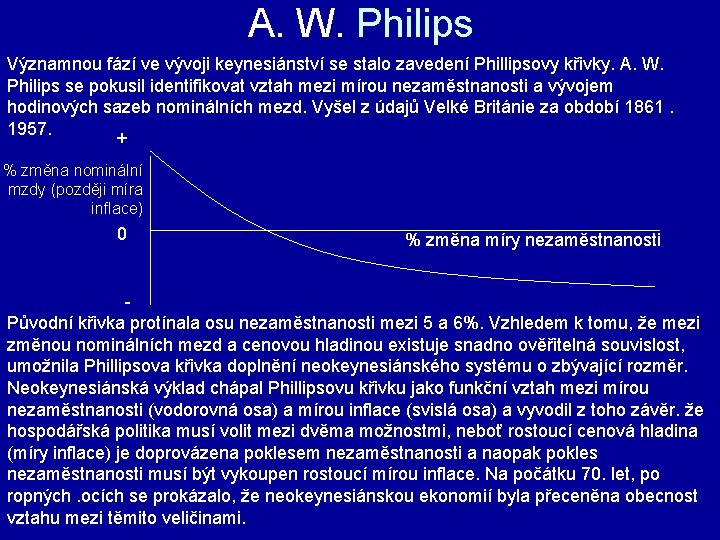 A. W. Philips Významnou fází ve vývoji keynesiánství se stalo zavedení Phillipsovy křivky. A.