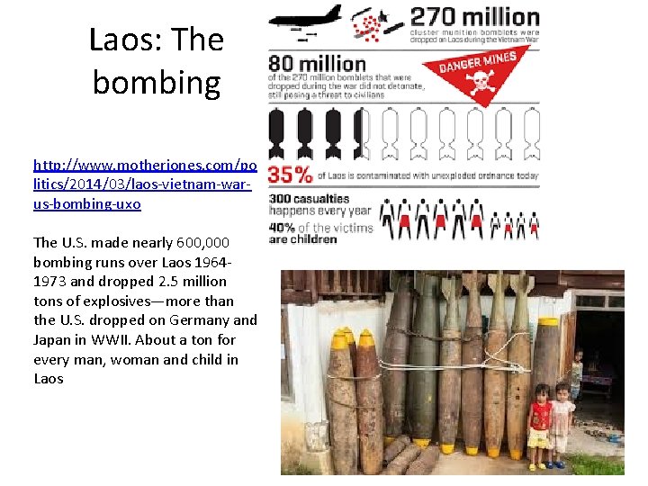 Laos: The bombing http: //www. motherjones. com/po litics/2014/03/laos-vietnam-warus-bombing-uxo The U. S. made nearly 600,