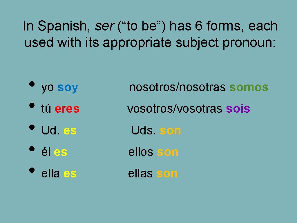 In Spanish, ser (“to be”) has 6 forms, each used with its appropriate subject