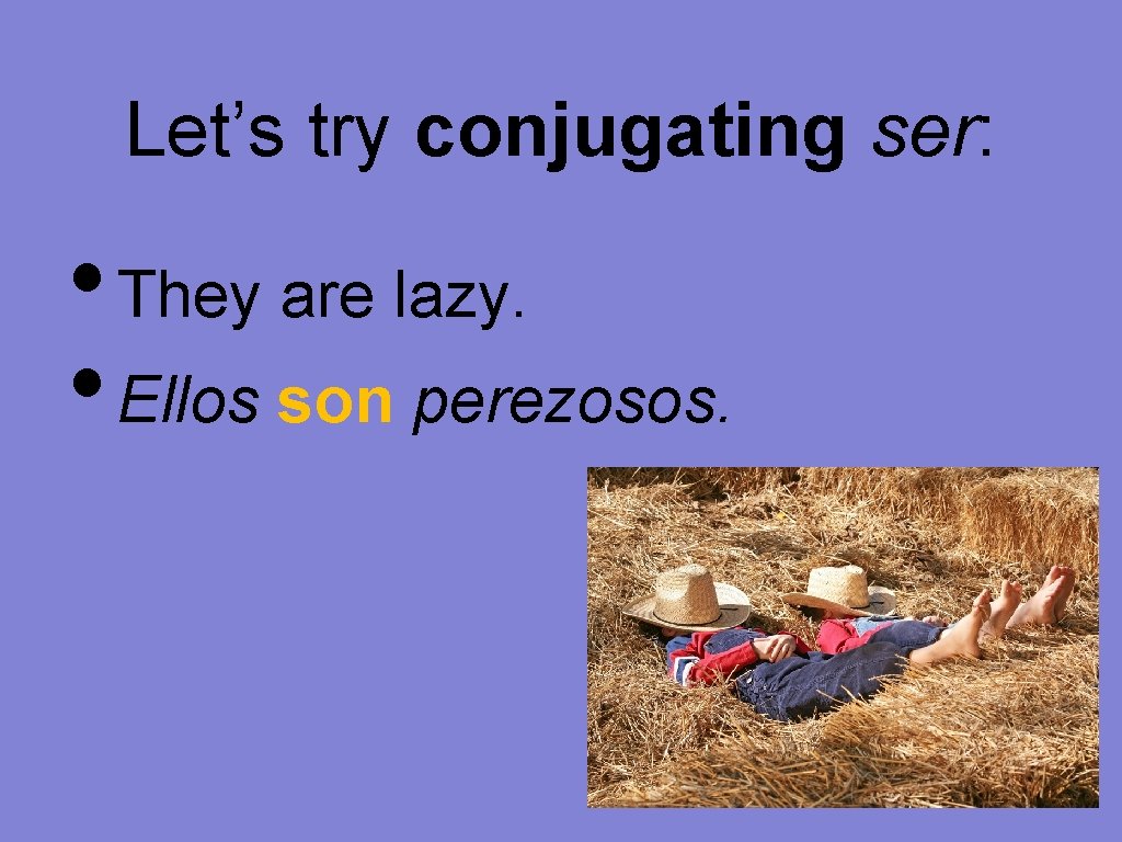 Let’s try conjugating ser: • They are lazy. • Ellos son perezosos. 
