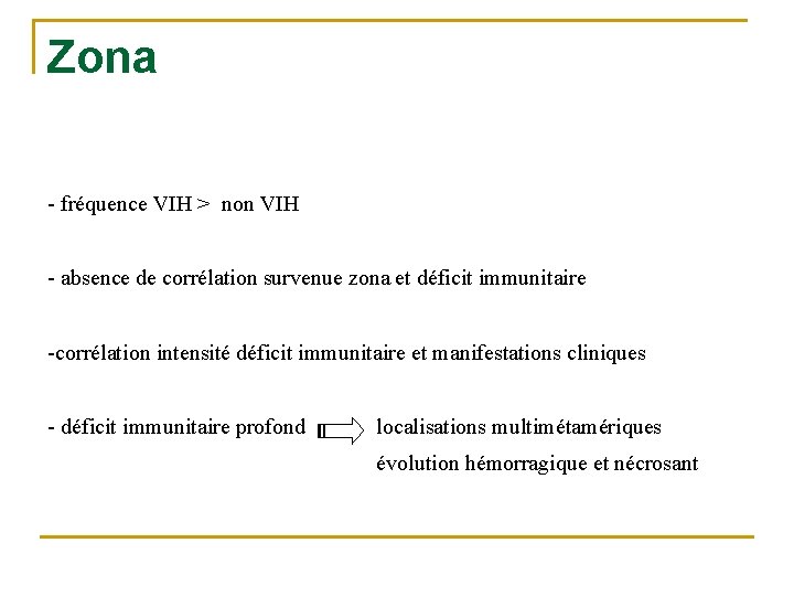 Zona - fréquence VIH > non VIH - absence de corrélation survenue zona et