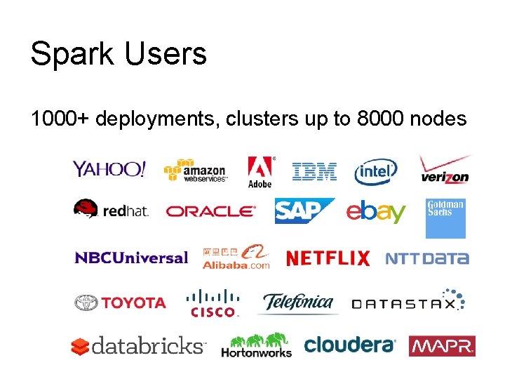 Spark Users 1000+ deployments, clusters up to 8000 nodes 