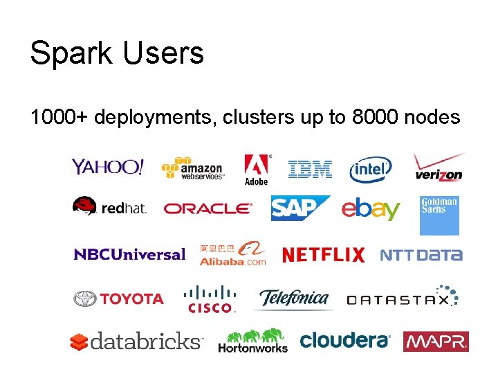 Spark Users 1000+ deployments, clusters up to 8000 nodes Spark Users 1000+ deployments, clusters up to 8000 nodes