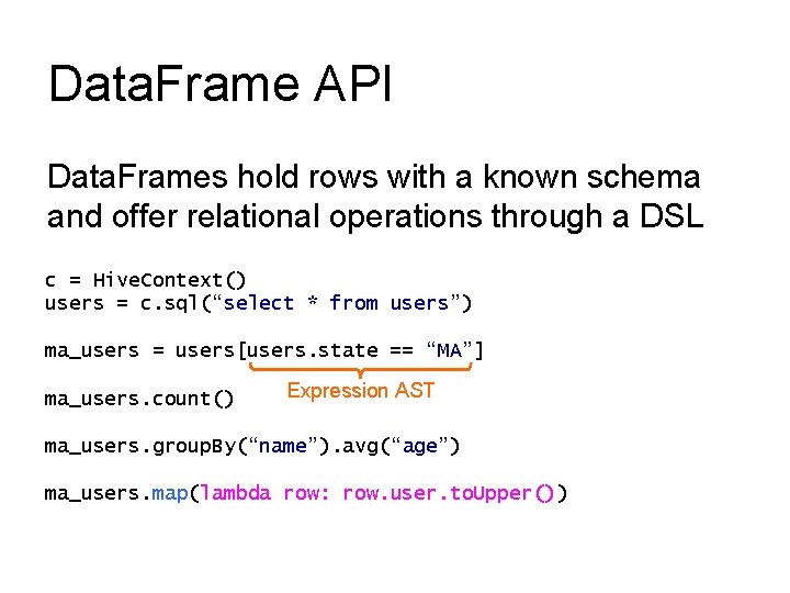 Data. Frame API Data. Frames hold rows with a known schema and offer relational Data. Frame API Data. Frames hold rows with a known schema and offer relational