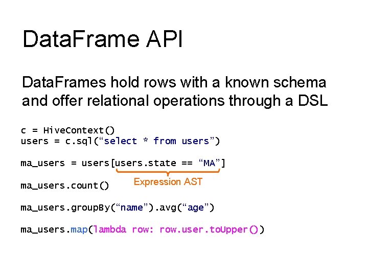 Data. Frame API Data. Frames hold rows with a known schema and offer relational