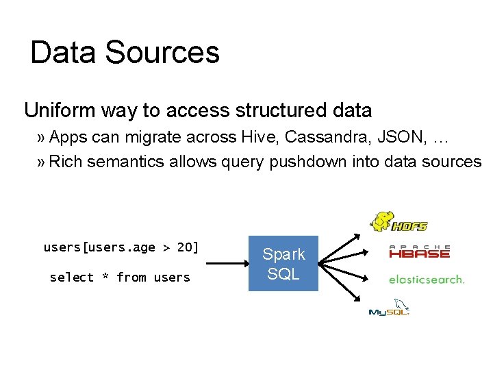 Data Sources Uniform way to access structured data » Apps can migrate across Hive,