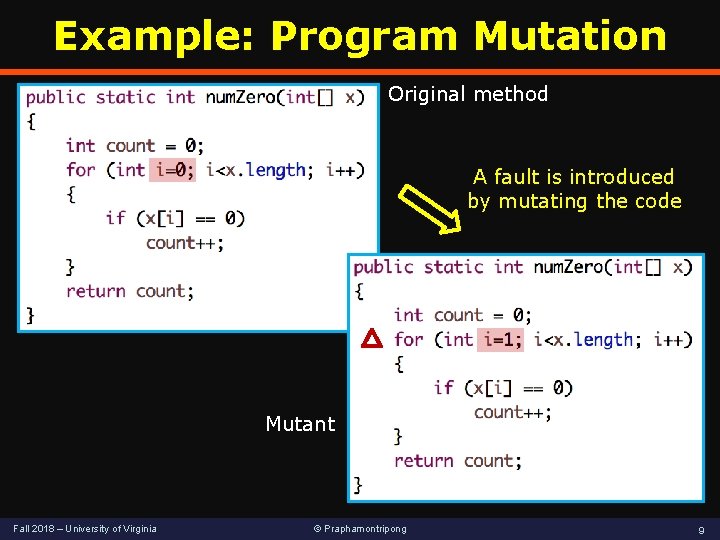 Example: Program Mutation Original method A fault is introduced by mutating the code Mutant Example: Program Mutation Original method A fault is introduced by mutating the code Mutant