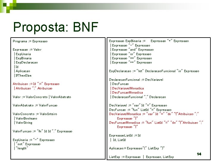 Proposta: BNF Programa : : = Expressao : : = Valor | Exp. Unaria
