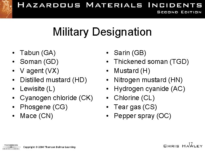 Military Designation • • Tabun (GA) Soman (GD) V agent (VX) Distilled mustard (HD)