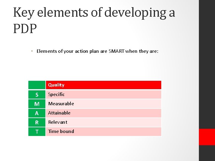 Key elements of developing a PDP • Elements of your action plan are SMART