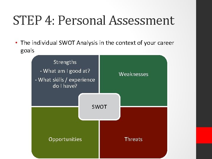 STEP 4: Personal Assessment • The individual SWOT Analysis in the context of your