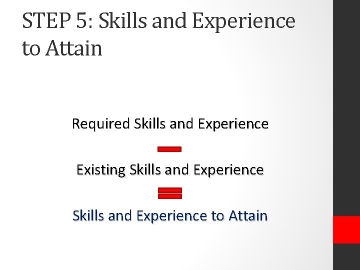 STEP 5: Skills and Experience to Attain Required Skills and Experience Existing Skills and